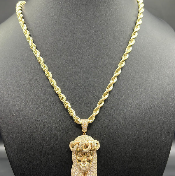 New Gold 14K Hollow Rope Chain with Jesus Pendant by G.O