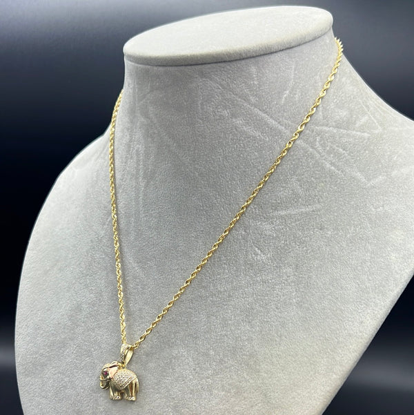 New Gold 14K Hollow Rope Chain With Elephant Pendant by G.O