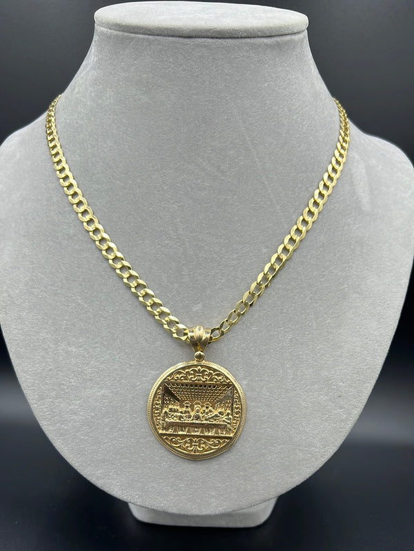 New Solid Flat Cuban Chain 14k With Last Supper Pendant
