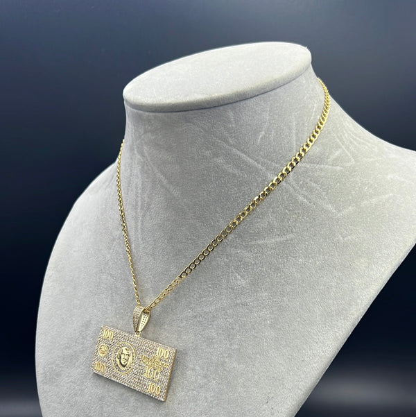 New Gold 14K Hollow Flat Cuban Chain with Pendant by G.O