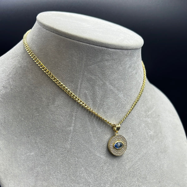 New Gold 14K Hollow Miami Cuban  Chain With Turkish Eye Pendant by GO™