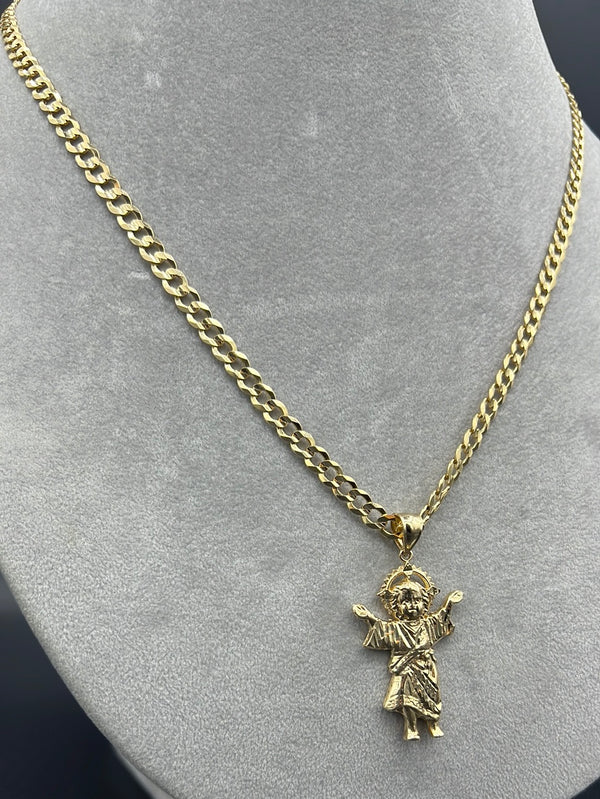 New Solid Flat Cuban Chain 14k With Jesus Pendant