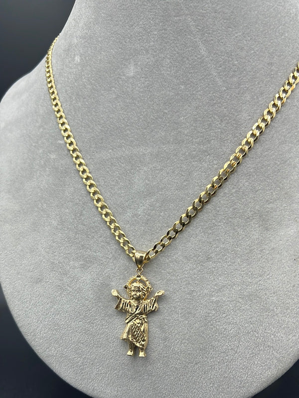 New Solid Flat Cuban Chain 14k With Jesus Pendant