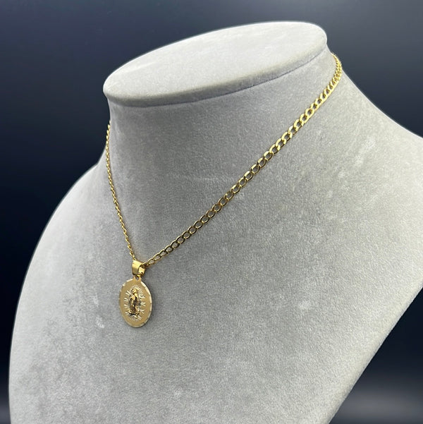 New Gold 14K Virgin Pendant with Hollow Flat Cuban Chain by G.O