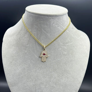 New Gold 14K Hollow Miami Cuban Chain With Hamsa Pendant