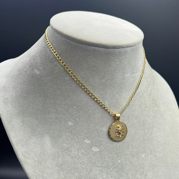 New Gold 14K Virgin Pendant with Hollow Flat Cuban Chain by G.O