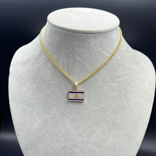 New Gold 14K Hollow Miami Cuban  Chain With The Flag of Israel Pendant Map by GO™