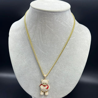 New Gold 14K Hollow Miami Cuban  Chain With Teddy Bear Pendant by GO™