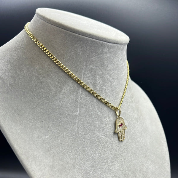 New Gold 14K Hollow Miami Cuban Chain With Hamsa Pendant