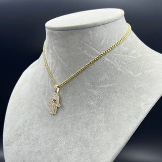 New Gold 14K Hollow Miami Cuban Chain With Hamsa Pendant