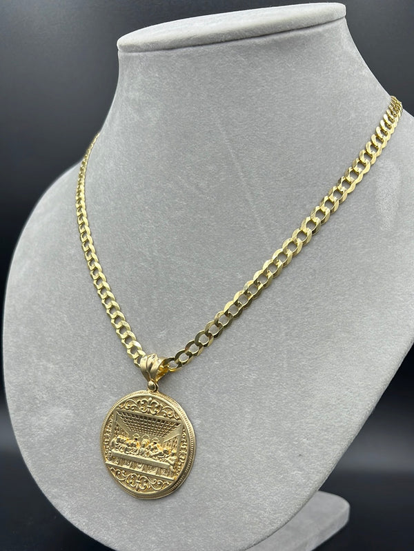 New Solid Flat Cuban Chain 14k With Last Supper Pendant